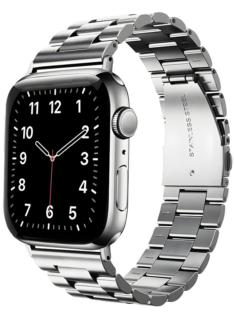 Premium Stainless Steel Band for Smart Watches 42–49mm with Double Button Butterfly Clasp – Secure & Elegant Design Metal Straps Compatible with Apple Watch Straps 42mm 44mm 45mm 46mm 49mm, Stainless Steel Business Band Compatible with iWatch Series 10 9 8 7 6 5 4 3 2 1 SE/ SE2 Ultra 2/ Ultra - Silver - Image 1